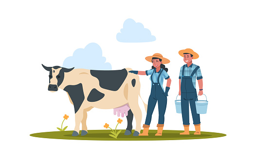 Farmers with cow. Characters doing farming job. Man and woman take care of domestic animal. Farm workers holding buckets with new milk. Cattle produce dairy products. Vector illustration
