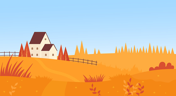Farmhouse in autumn farm field, simple countryside landscape scene, yellow grass pasture