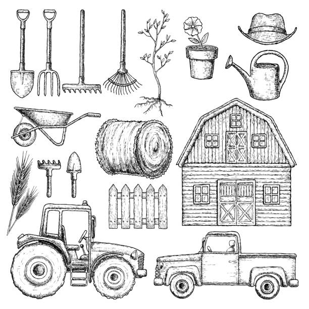 Farming agricultural instruments Set of farming equipment icons. Farming tools and agricultural machines decoration, sketch illustration. Vector truck drawings stock illustrations