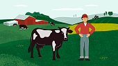 istock Farming landscape with farmer and cows 1206366549