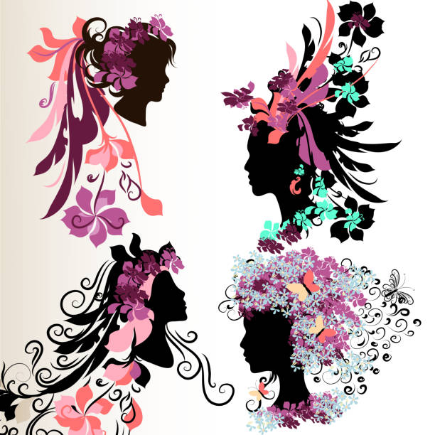 Fashion abstract female face silhouettes with floral hairstyle Set of vector abstract faces of girls with floral hair style butterfly fairy flower white background stock illustrations