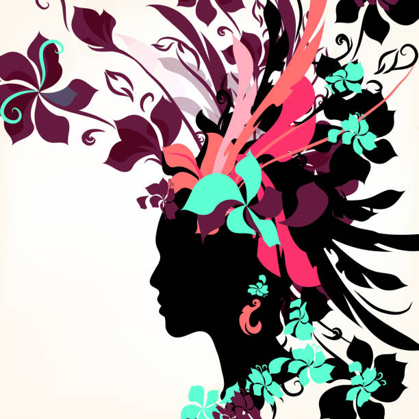 Fashion background with female face and floral hair Illustration with female face silhouette has floral hair style butterfly fairy flower white background stock illustrations