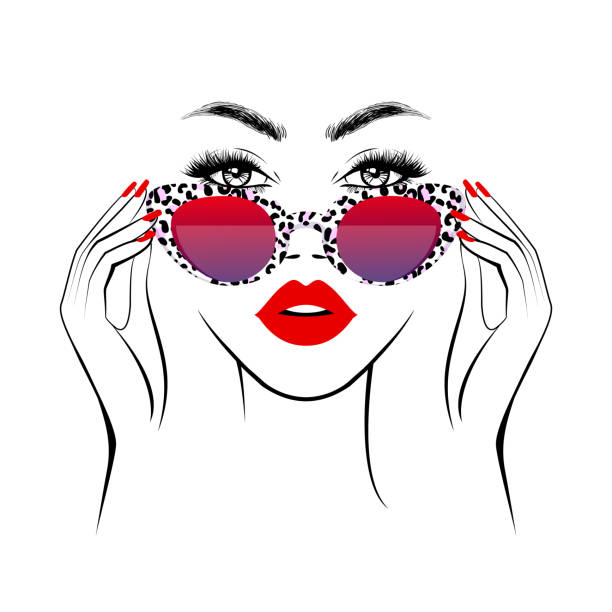 mode schöne frau in stilvolle nbrille mit leopard druck brillerahmen, rote lippen, üppige wimpern, hand mit roten maniküre nägel. schönheit-logo. vektor-illustration. - attraktive frau stock-grafiken, -clipart, -cartoons und -symbole