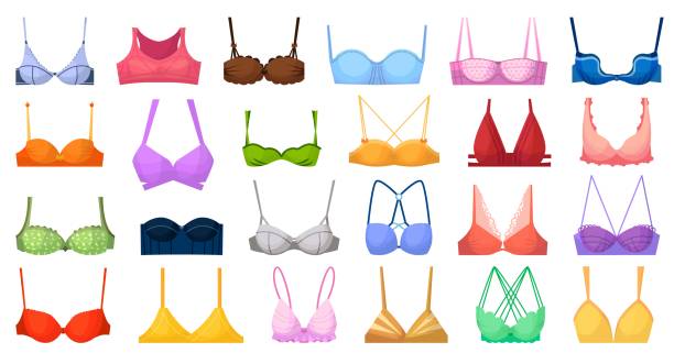 Fashion bra icon set isolated on white background Fashion bra. Bustier different type illustration. Vector woman fabric lingerie. Fashion textile bra icon set isolated on white background. Female underwear clothing collection. Casual feminine garment bra stock illustrations