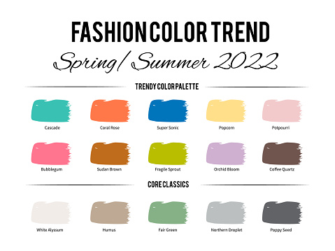 Fashion Color Trend Spring â Summer  2022. Trendy colors palette guide. Brush strokes of paint color with names swatches. Easy to edit vector template for your creative designs.