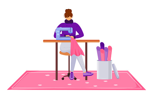 Fashion designer atelier flat color vector illustration. Assistant with sewing machine at workshop. Designing and reparing clothes in tailor studio isolated cartoon character on white background