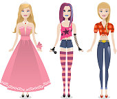Three Fashion Dolls Set vector illustration.