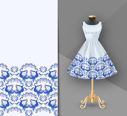 Fashion embroidery fabric printed dress on a black mannequin. Dress clothes realistic 3d mock up. Seamless blue Flower pattern in ethnic painting style. Vector illustration