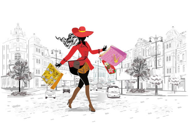 illustrations, cliparts, dessins animés et icônes de fille fashion dans un chapeau et un manteau de shopping. - rue paris