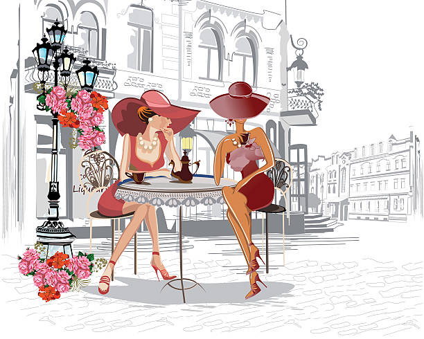 illustrations, cliparts, dessins animés et icônes de mode filles dans la rue café. - rue paris