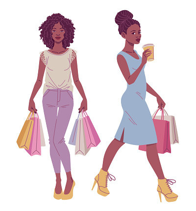 Fashion illustration. Beautiful black African American women with shopping bags wearing elegant classic outfits.