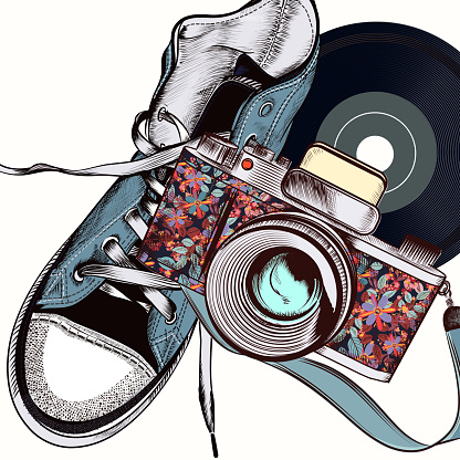 Fashion illustration with camera and hipster sneakers