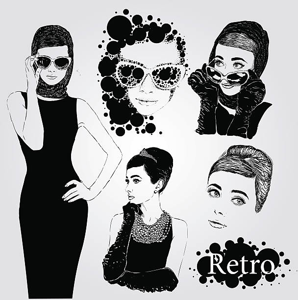 fashion  ladies look in little black dress in 50s style Vector set : fashion  ladies look in little black dress in 50s style sweet little models pictures stock illustrations