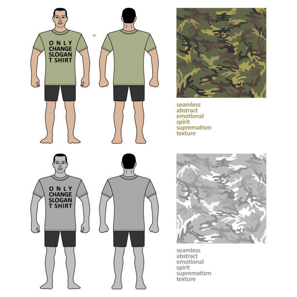 Fashion man figure and t shirt design with seamless camo pattern Fashion man body full length template figure silhouette in shorts and t shirt (front, back views) with camouflage, vector illustration isolated on white background fashion croquis stock illustrations