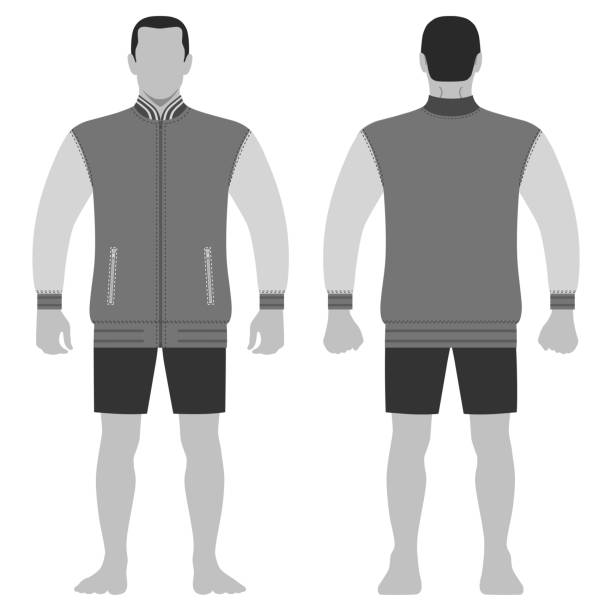 Fashion man figure Fashion man body full length template figure silhouette in shorts and zip fastener turleneck jacket (front, back views), vector illustration isolated on white background fashion croquis stock illustrations