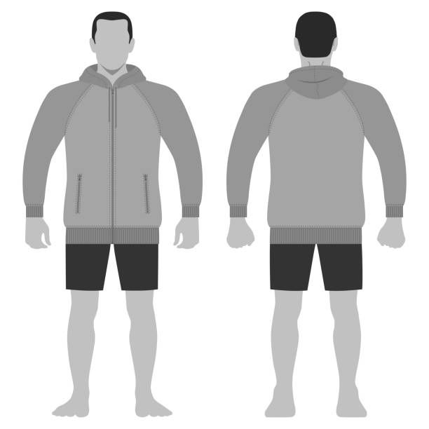 Fashion man figure Fashion man body full length template figure silhouette in shorts and zip fastener hoodie (front, back views), vector illustration isolated on white background fashion croquis stock illustrations