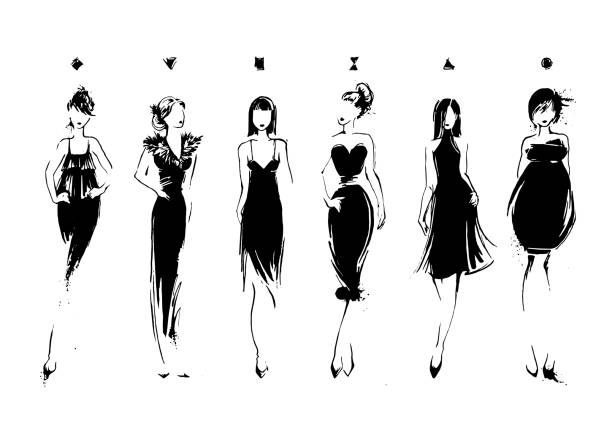 Fashion models in sketch style. Collection of evening dresses. Female Fashion models in sketch style. Collection of evening dresses. Female body types. Hand drawn vector illustration EPS10 fashion dress sketches stock illustrations