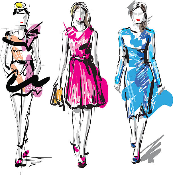 Fashion models Hand drawn woman fashion models, vector scketch fashion sketch stock illustrations