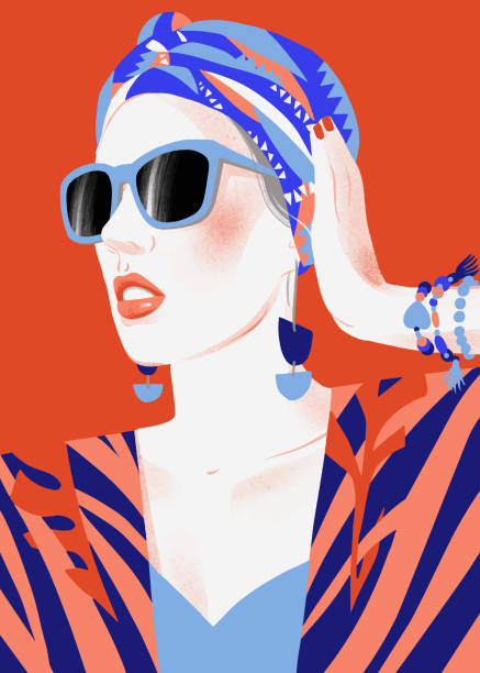 Fashion portrait of beautiful woman. Model wearing sunglasses. Pose. Fashion woman model with sunglasses and kerchief. Stylish modern portrait of beautiful girl. Pose. Flat illustration. Template for card, poster, banner, print for t-shirt, background beauty clipart stock illustrations