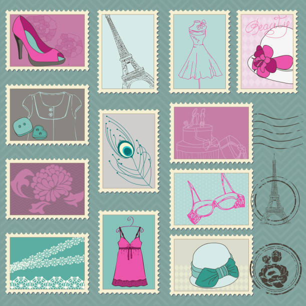 ilustrações de stock, clip art, desenhos animados e ícones de coleção de selos de moda - paris night