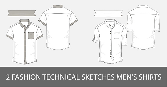 2 Fashion technical sketches men's shirt with short sleeves and patch pockets