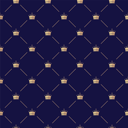 Seamless Pattern With Yellow Crowns on Dark Blue Background