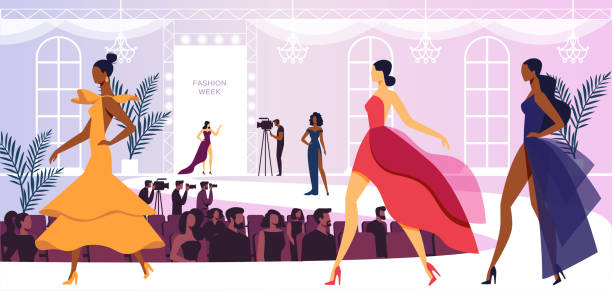 Fashion Week Event with Beautiful Women Models Fashion Week Event with Beautiful Women Models Walking on Podium, Presenting New Collection of Dresses. Audience Watching and Cameramen Broadcasting Presentation. Cartoon Flat Vector Illustration. fashion runway stock illustrations
