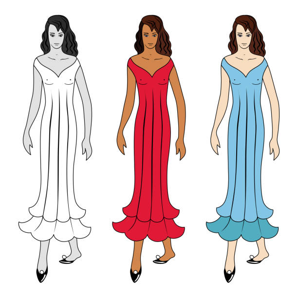 Fashion woman dress figure Fashion woman body full length template figure silhouette in dress or nightgown front view, colored and black white vector illustration isolated on background fashion croquis stock illustrations