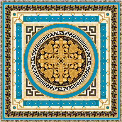 Fashionable Golden chains, Greek meander waves, blue belts and straps, jewelry accessories, cables on beige, black a on turquoise background. Baroque silk shawl textile print, Batik ornament, meander bandana border
