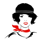 Fashionable illustration - portrait of a girl in retro linocut style on a white background