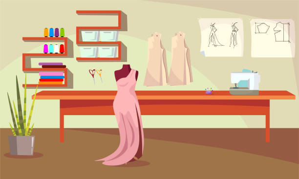 ilustrações de stock, clip art, desenhos animados e ícones de fashionable long dress in sewing studio flat vector illustration - living room night nobody