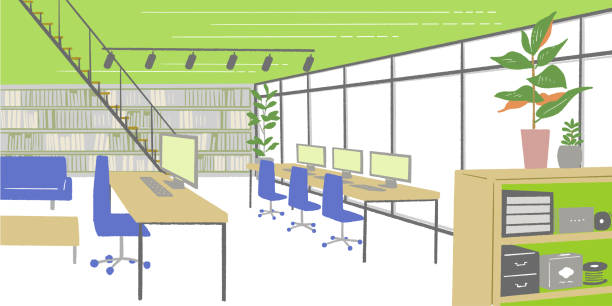 Fashionable office coworking space Fashionable office hot desking stock illustrations