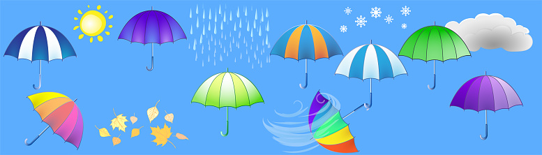 Fashionable umbrellas and weather symbols on a blue background