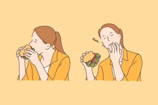fast-food-sucht, ungesundes ernährungskonzept - woman happy eat stock-grafiken, -clipart, -cartoons und -symbole