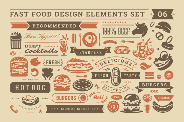 Fast food and street signs and symbols with retro typographic design elements vector set for restaurant menu decoration Fast food and street signs and symbols with retro typographic design elements vector set for restaurant menu decoration. Pizza, burger and sandwich silhouettes vector illustration. sandwich designs stock illustrations