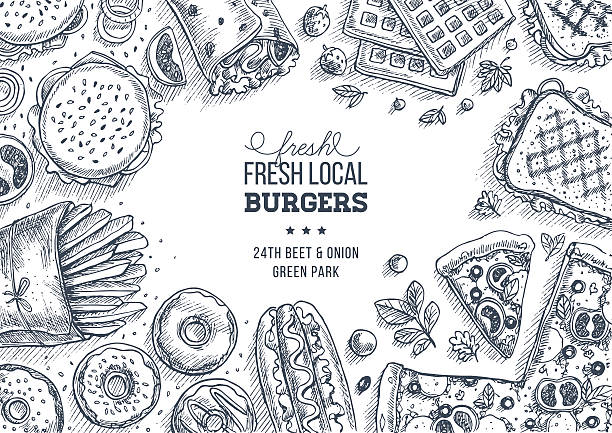 Fast food background. Engraved top view illustration. Vector illustration EPS 8 food borders stock illustrations