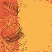 A hamburger, hotdog, french fries, potato chips, and pickles over an abstract background. The artwork and background are on separate labeled layers.