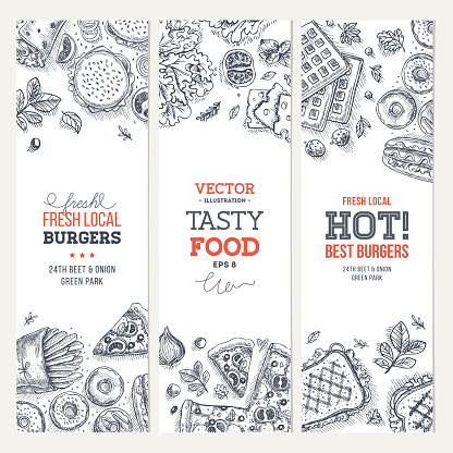 Fast food banner collection . Linear graphic. Snack collection.