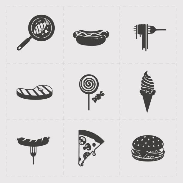 bildbanksillustrationer, clip art samt tecknat material och ikoner med fast food svart icon set på vit - fisk med stekt svamp