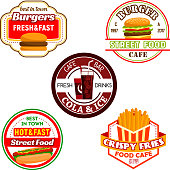 Fast food burger snack and soda drink label set. Hamburger, hot dog, cheeseburger and french fries, coffee and soft beverage isolated symbol for fast food restaurant and street food cafe emblem design