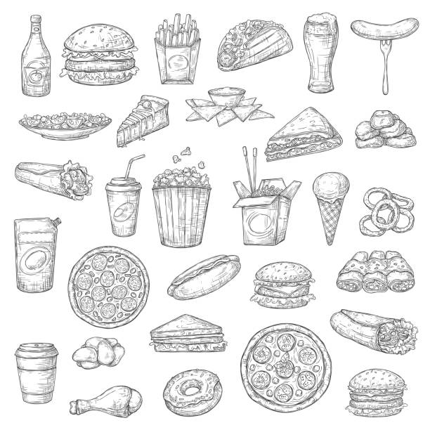 Fast food burgers, drinks and desserts Fast food burgers, drinks and desserts vector sketch icons. Pizza and hamburger sandwich, chicken wings, nuggets and hot dog, burrito and tacos, french fries and noodles, ice cream and popcorn smoothie drawings stock illustrations