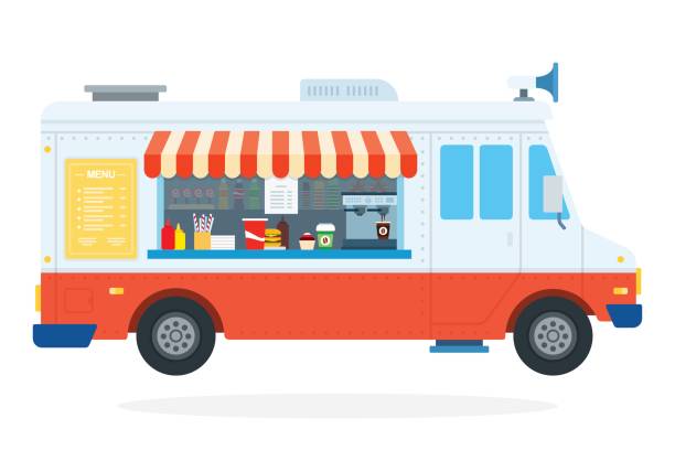 Fast food car flat isolated Fast food on wheels vector flat material design isolated on white food truck stock illustrations
