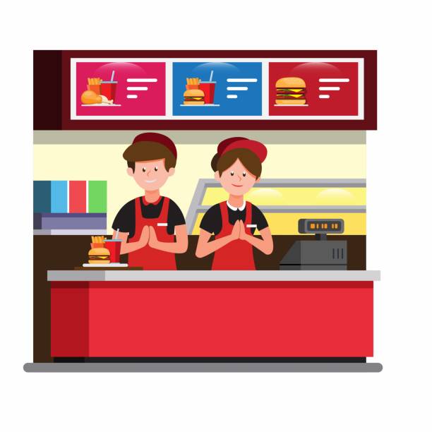 fast-food-kassierer-theke, mann und frau tragen einheitliche arbeit in burger-restaurant in cartoon-flach-illustration - woman happy eat stock-grafiken, -clipart, -cartoons und -symbole