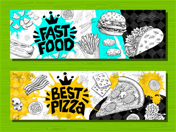 Fast food colorful modern banners set labels. Fast food. Best Pizza. bacon. Hot dog, hamburger, coffee, wings, nuggets, tacos. Fast food colorful modern banners set labels. Fast food. Best Pizza. bacon. Hot dog, hamburger, coffee, wings, nuggets, tacos. Bright cool food sketches composition. Hand drawn vector illustration. sandwich backgrounds stock illustrations