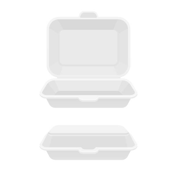 Fast food container box Open and closed fast food takeout container. White styrofoam lunch box for takeaway food. Isolated vector illustration. box container stock illustrations