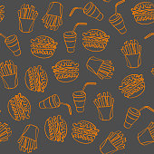 Fast food doodle seamless pattern. Hand drawn orange icons on gray background. Vector illustration.