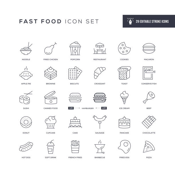 Fast Food Editable Stroke Line Icons 29 Fast Food Icons - Editable Stroke - Easy to edit and customize - You can easily customize the stroke with pasta icons stock illustrations