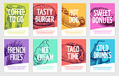Fast food flyers. Coffee, burger and hotdog, pies and fries, ice cream and cola, sandwich. Restaurant posters vector template card and lunch banner hand draw set