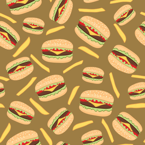 stockillustraties, clipart, cartoons en iconen met fast food hamburger en frietjes naadloos patroon - plate hamburger