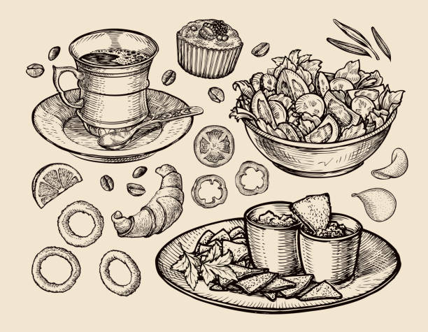 szybki jedzenie. ręcznie narysowane kubek kawa, herbata, warzywo sałatka z imponującymi nachos - salad stock illustrations